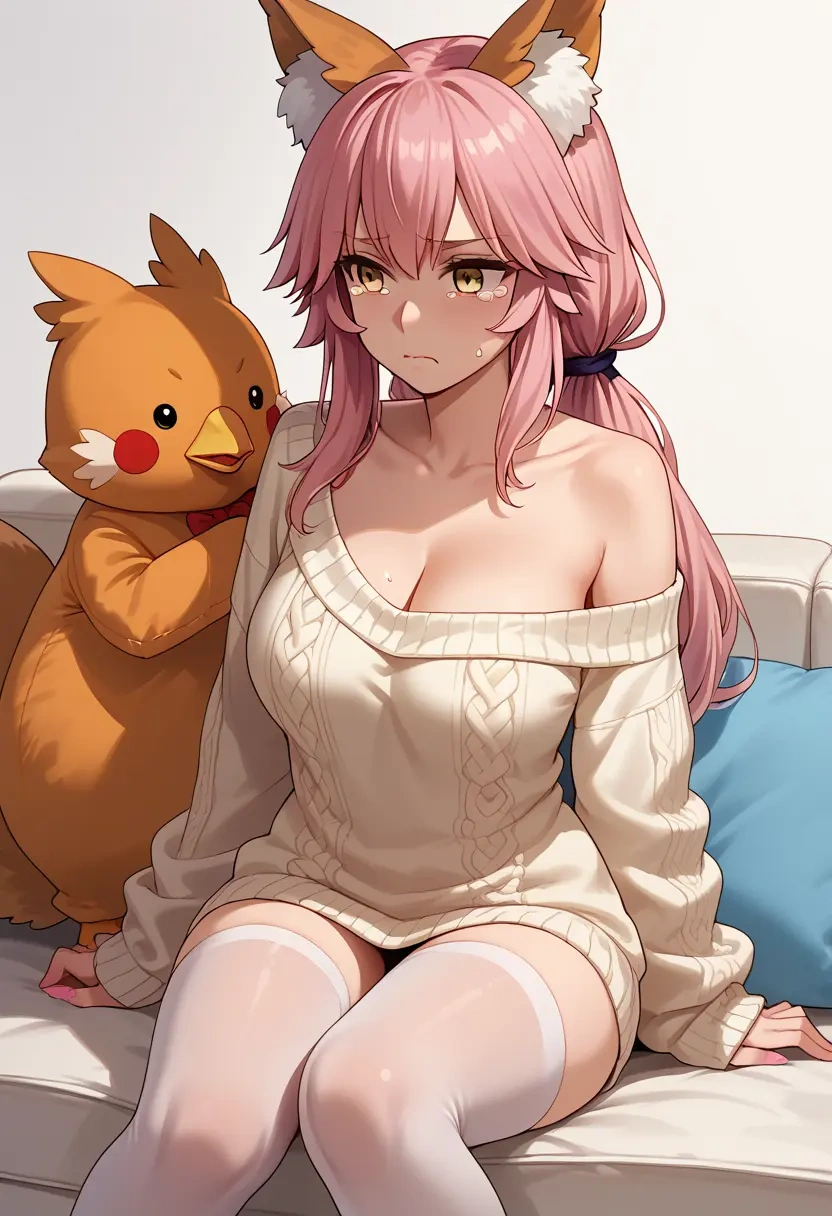 fate_(series),tamamo_cat_(fate),Pouting ,Teary-eyed,off-shoulder,sweater  - 