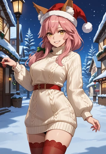 fate_(series),tamamo_cat_(fate),Christmas,sweater dress,stockings  - AI generated anime art