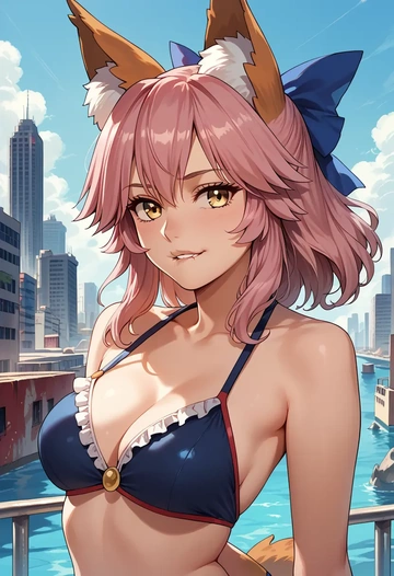 fate_(series),tamamo_cat_(fate),retro style swimsuit,frilled neckline,bow detail  - AI generated anime art