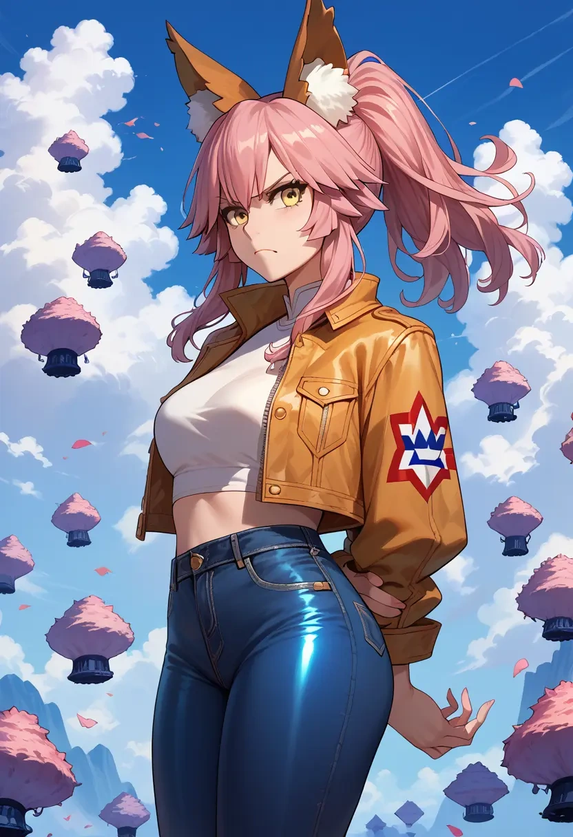 fate_(series),tamamo_cat_(fate),denim jacket,cropped,leather leggings  - 