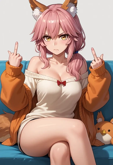 fate_(series),tamamo_no_mae_(fate_extra),off-shoulder,sweater  - AI generated anime art