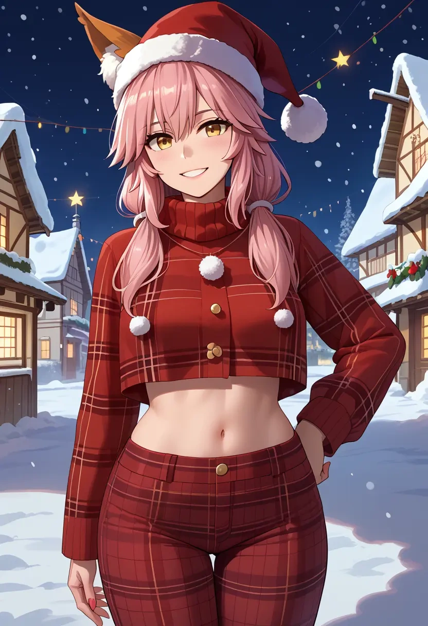 fate_(series),tamamo_no_mae_(fate_extra),Christmas,plaid trousers  - 