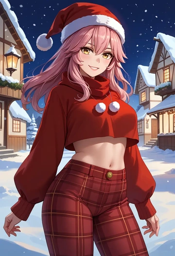 fate_(series),tamamo_no_mae_(fate_extra),Christmas,plaid trousers  - AI generated anime art