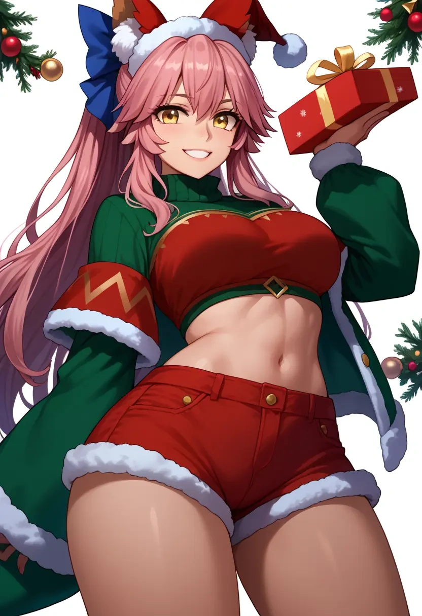 fate_(series),tamamo_no_mae_(fate_extra),Christmas,red velvet shorts,turtleneck sweater  - 