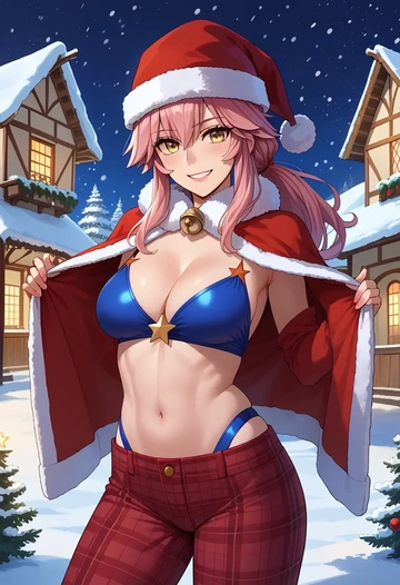 fate_(series),tamamo_no_mae_(swimsuit_lancer)_(fate),Christmas,plaid trousers  - AI generated anime art