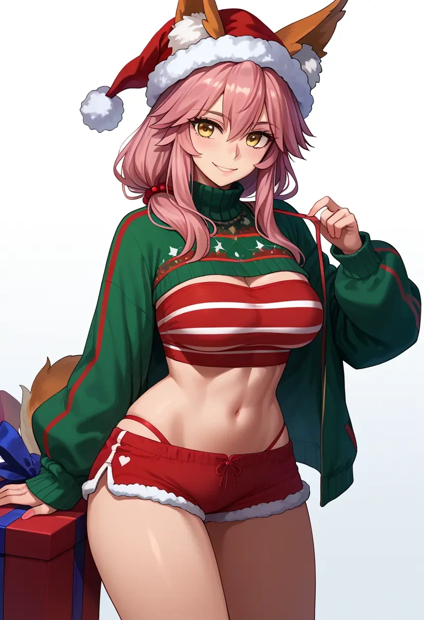 fate_(series),tamamo_no_mae_(swimsuit_lancer)_(fate),Christmas,red velvet shorts,turtleneck sweater  - 