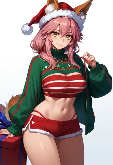 fate_(series),tamamo_no_mae_(swimsuit_lancer)_(fate),Christmas,red velvet shorts,turtleneck sweater  - AI generated anime art