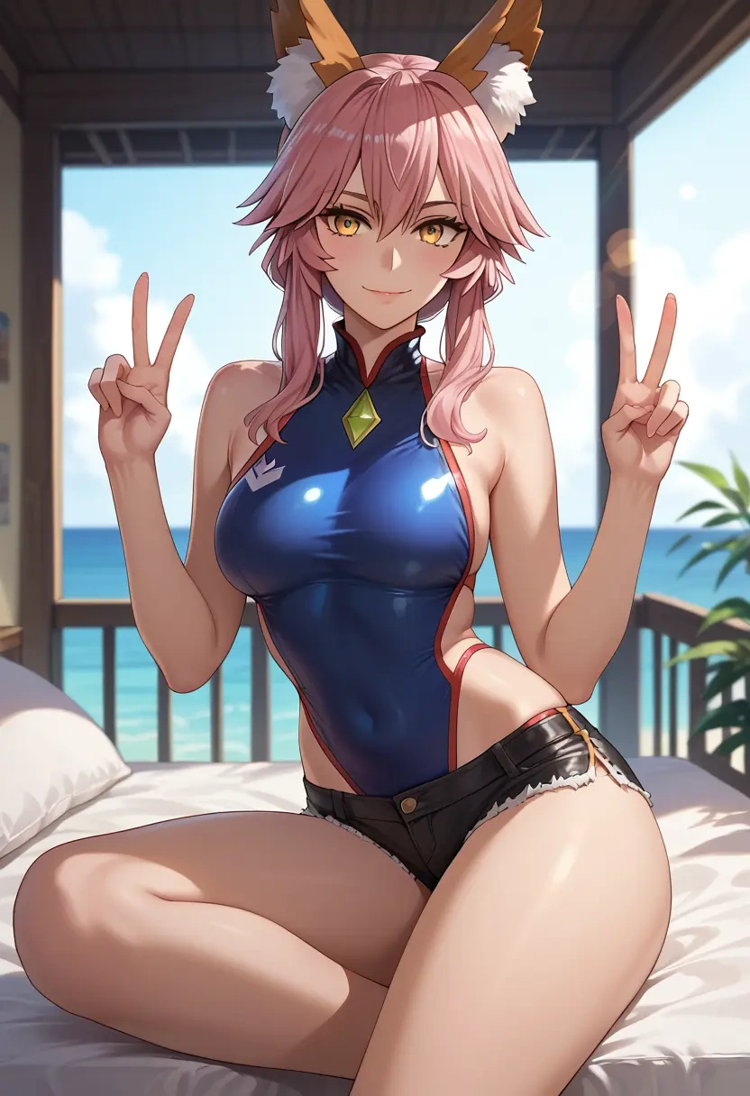 fate_(series),tamamo_no_mae_(swimsuit_lancer)_(fate),leather,shorts  - 