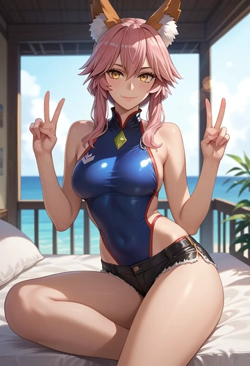 fate_(series),tamamo_no_mae_(swimsuit_lancer)_(fate),leather,shorts  - AI generated anime art