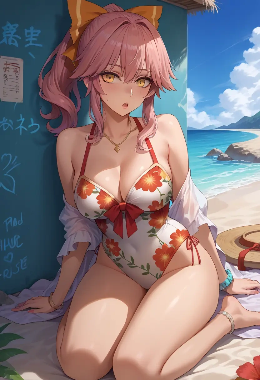 fate_(series),tamamo_no_mae_(swimsuit_lancer)_(fate),floral graffiti blouse,dolphin shorts  - 