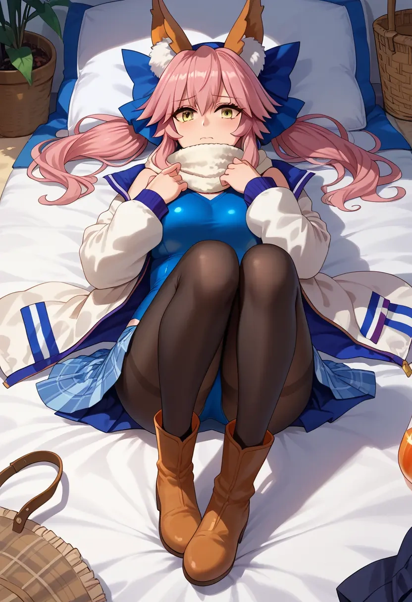 fate_(series),tamamo_no_mae_(swimsuit_lancer)_(fate),winter,student uniform,down jacket  - 