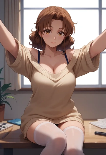 working,taneshima_popura,cross-legged,off-shoulder,sweater,stockings  - AI generated anime art