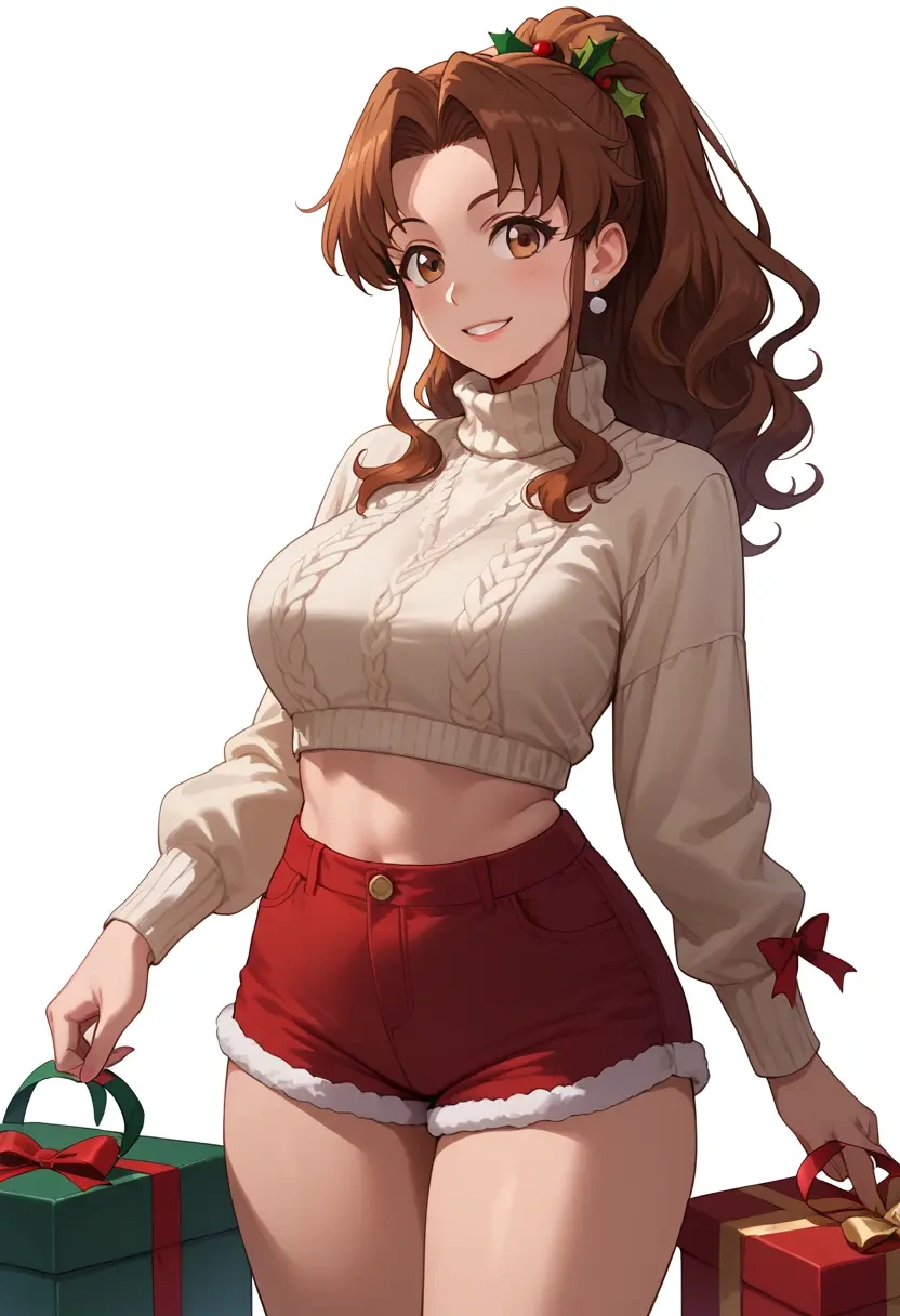 working,taneshima_popura,Christmas,red velvet shorts,turtleneck sweater  - 