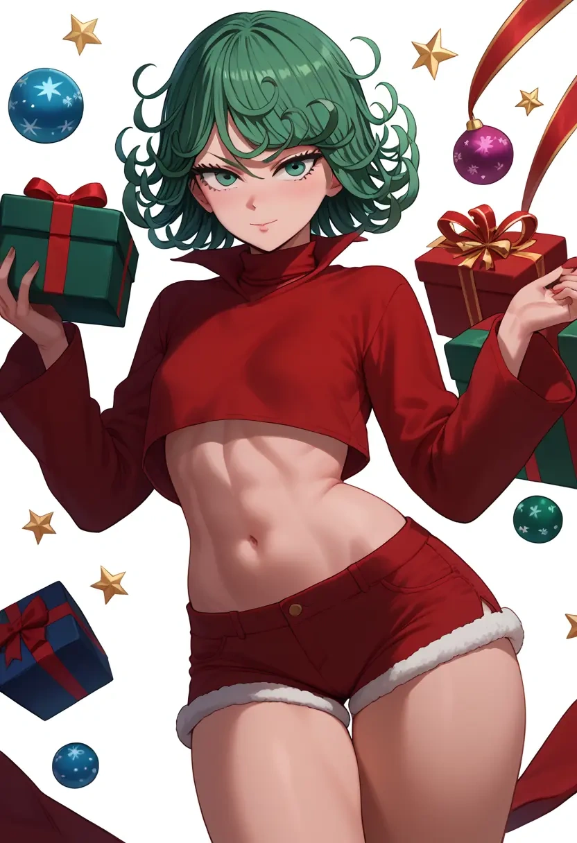 one_punch_man,tatsumaki,Christmas,red velvet shorts,turtleneck sweater  - 