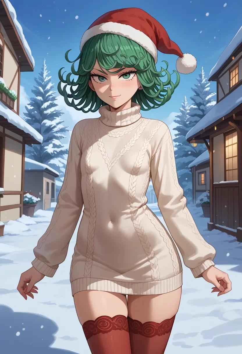 one_punch_man,tatsumaki,Christmas,sweater dress,stockings  - 