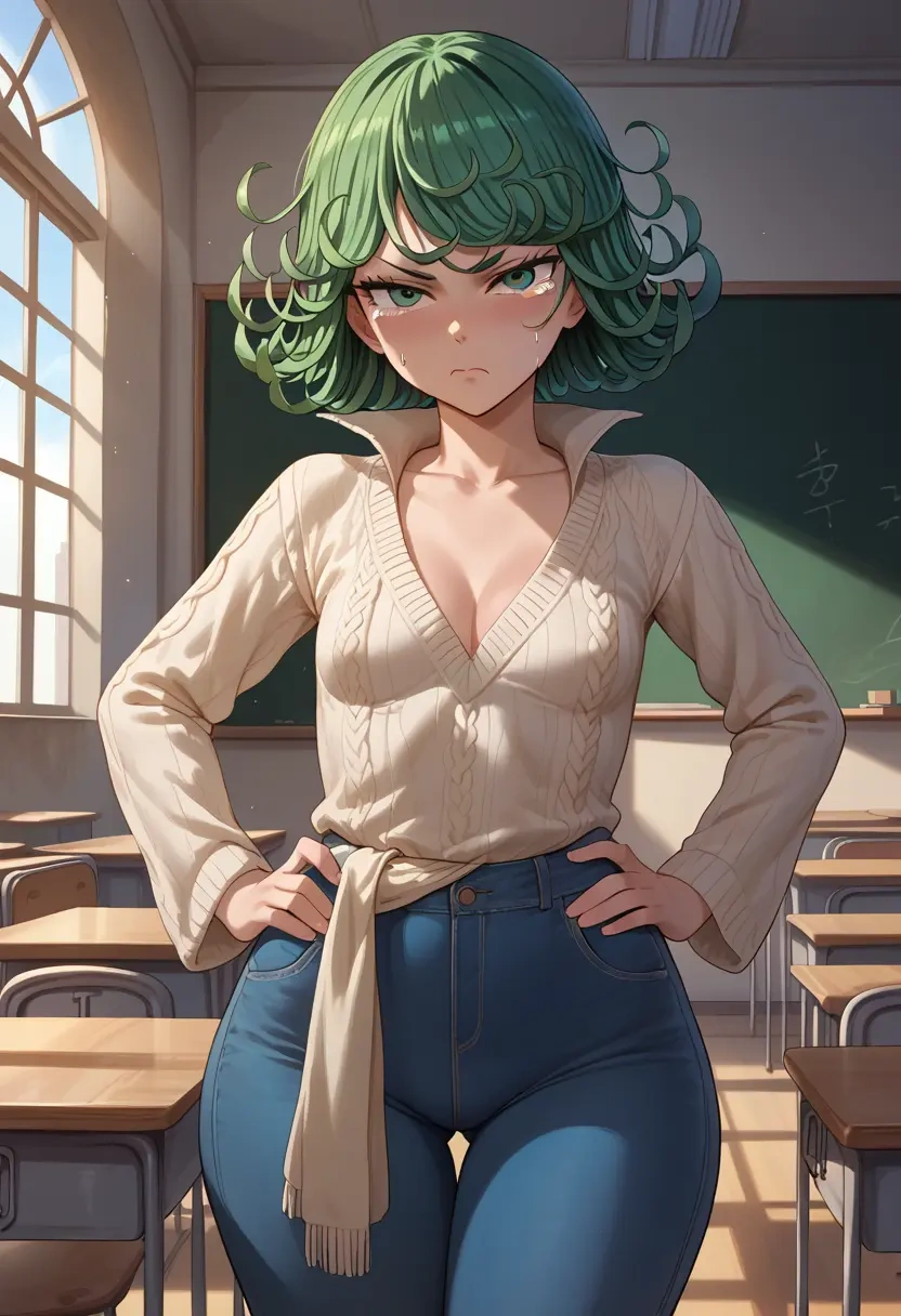 one_punch_man,tatsumaki,teacher, sweater, jeans shorts  - 