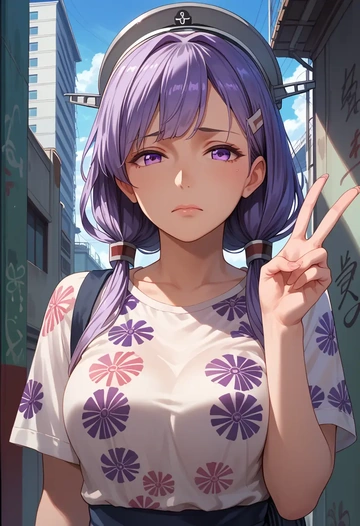 kantai_collection,tatsuta_(kancolle),silk graffiti shirt,dolphin shorts  - AI generated anime art