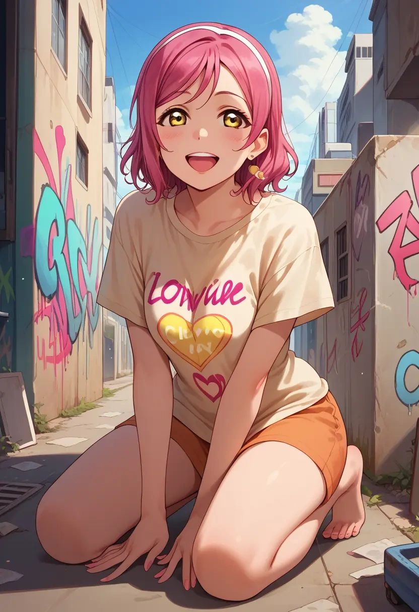 love_live,tennouji_rina,oversized graffiti shirt,dolphin shorts  - 