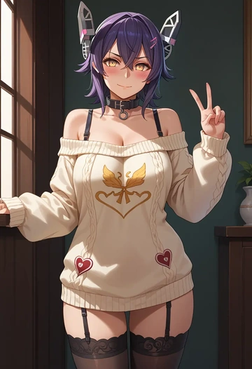 kantai_collection,tenryuu_(kancolle),blushing,collar,off-shoulder,sweater,stockings  - AI generated anime art