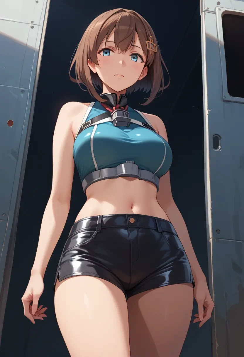 kantai_collection,teruzuki_(kancolle),leather,shorts,crop top  - 