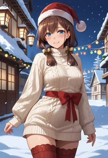 kantai_collection,teruzuki_(kancolle),Christmas,sweater dress,stockings  - AI generated anime art