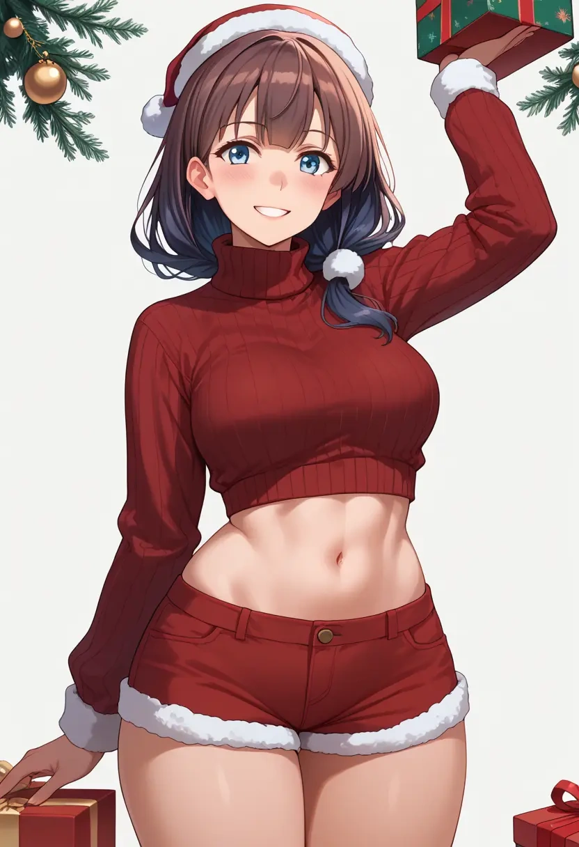 kantai_collection,teruzuki_(kancolle),Christmas,red velvet shorts,turtleneck sweater  - 