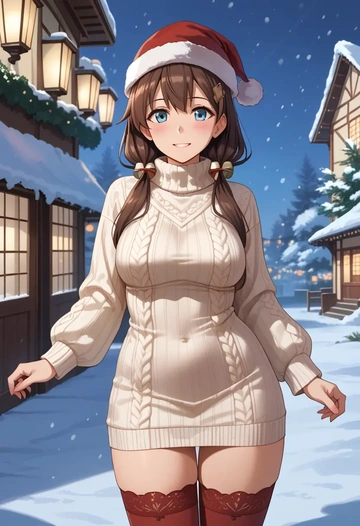 kantai_collection,teruzuki_(kancolle),Christmas,sweater dress,stockings  - AI generated anime art