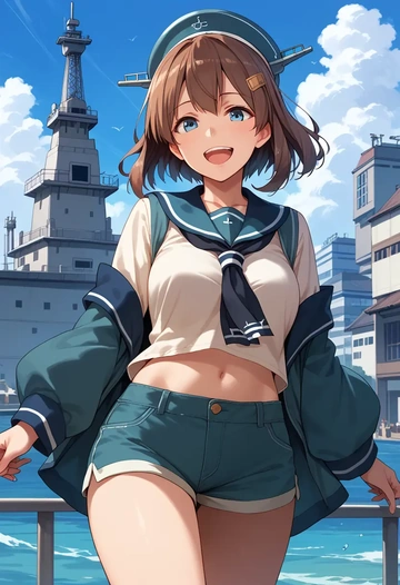 kantai_collection,teruzuki_(kancolle),graphic tee,shorts,sneakers  - AI generated anime art