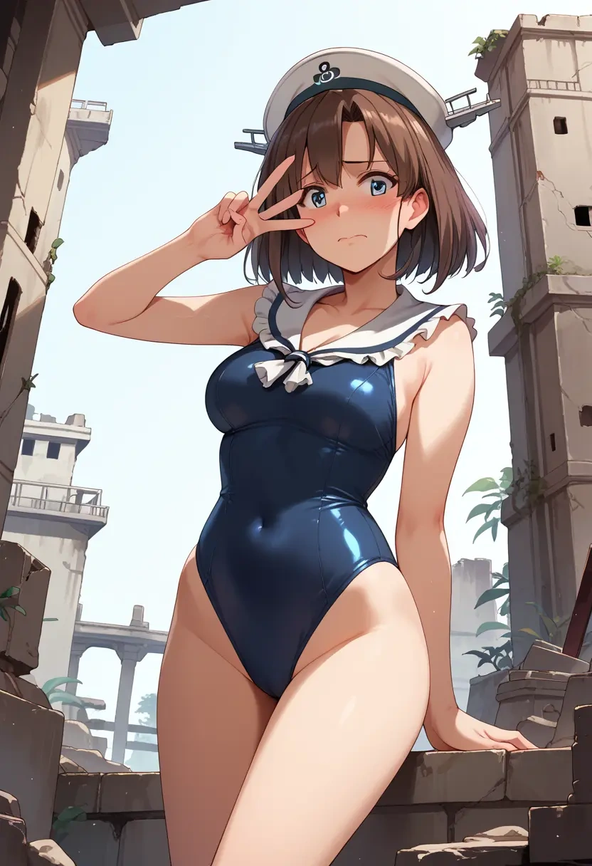 kantai_collection,teruzuki_(kancolle),retro style swimsuit,frilled neckline,bow detail  - 