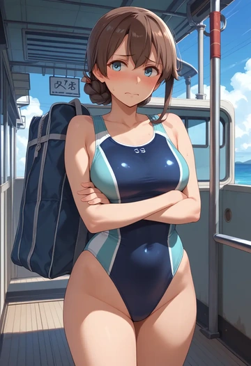 kantai_collection,teruzuki_(kancolle),racerback swimsuit,striped trim,name tag patch  - AI generated anime art