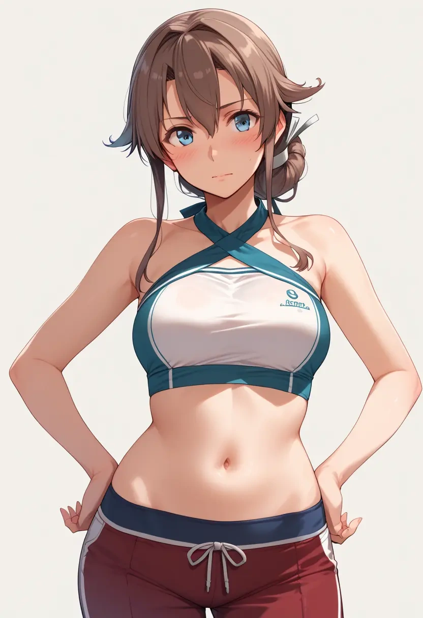 kantai_collection,teruzuki_(kancolle),halter top,track pants  - 