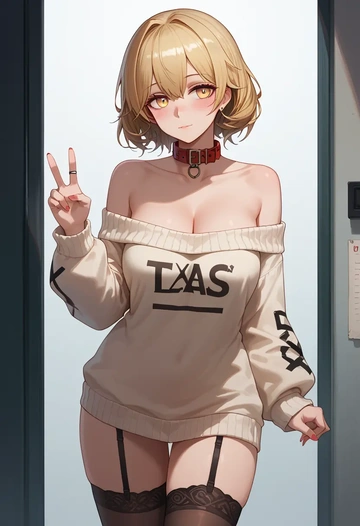 arknights,texas_(arknights),blushing,collar,off-shoulder,sweater,stockings  - AI generated anime art