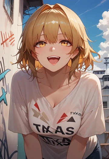 arknights,texas_(arknights),oversized graffiti shirt,dolphin shorts  - AI generated anime art