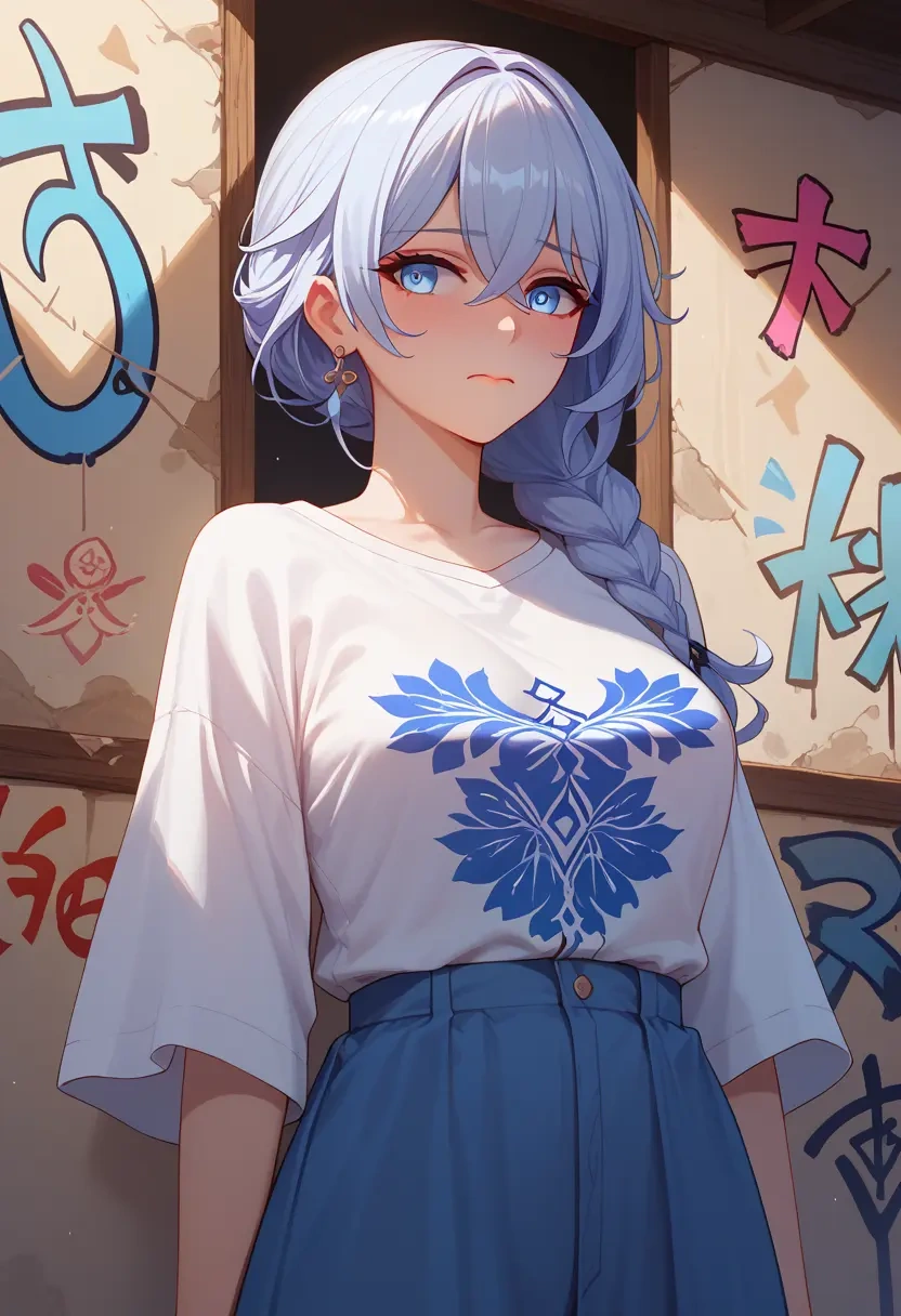 honkai_(series),theresa_apocalypse,oversized graffiti shirt,dolphin shorts  - 