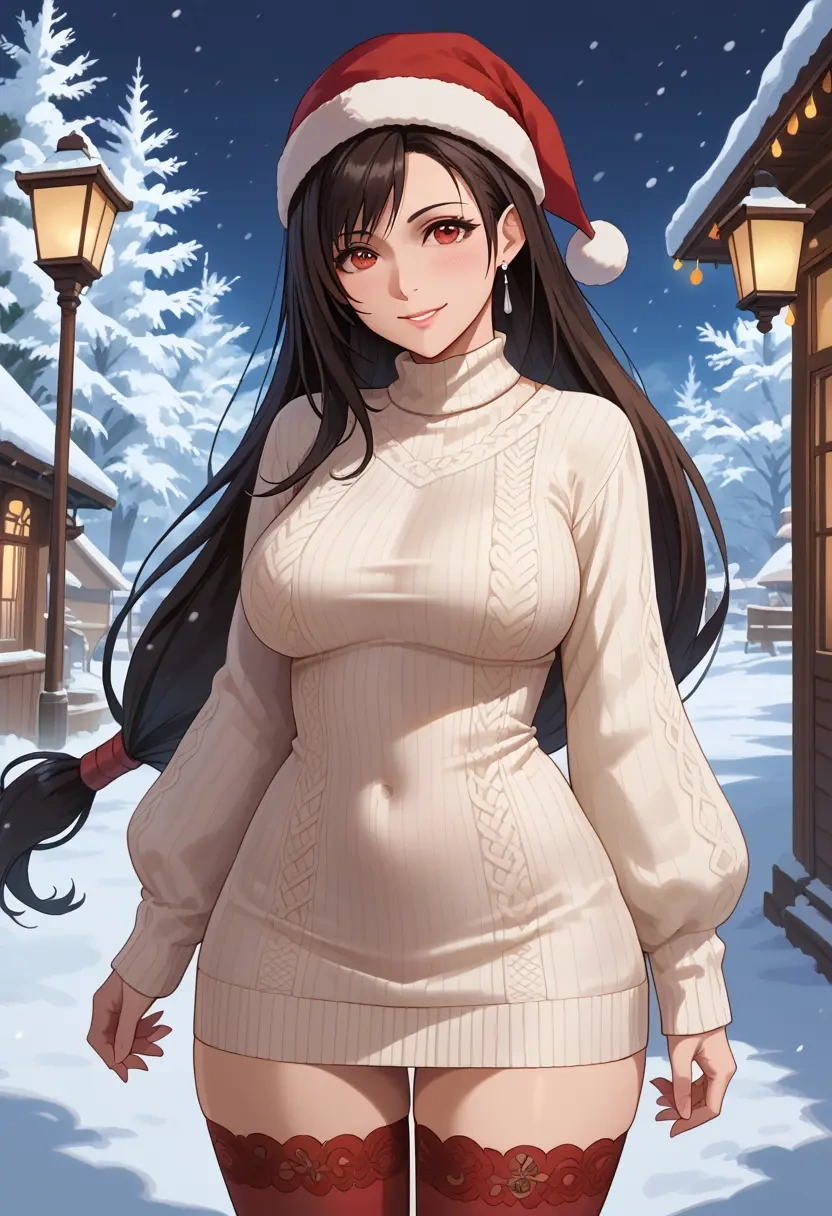 final_fantasy,tifa_lockhart,Christmas,sweater dress,stockings  - 