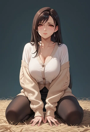 final_fantasy,tifa_lockhart,cardigan,oversized,wide-leg pants  - AI generated anime art