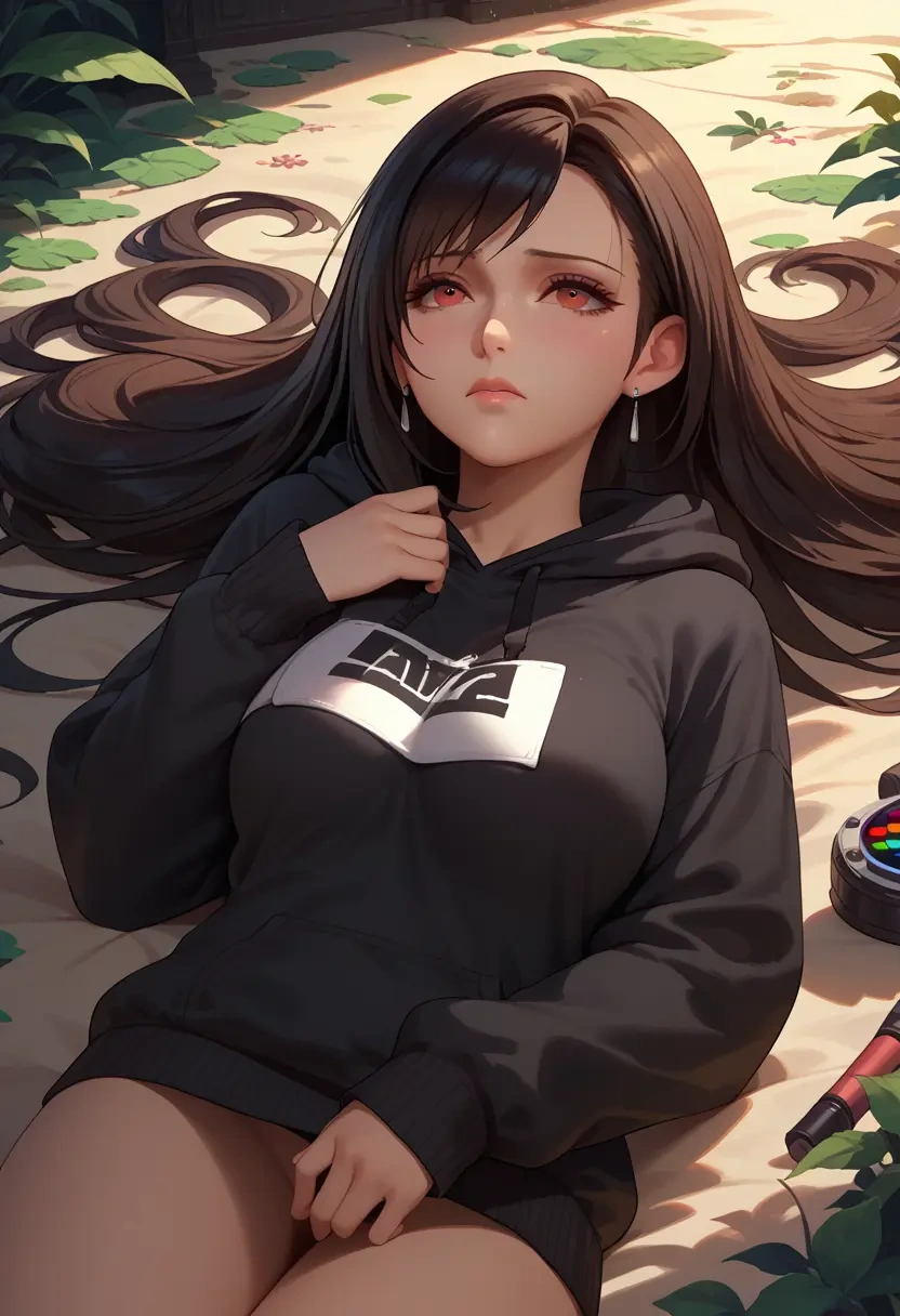 final_fantasy,tifa_lockhart,oversized graphic hoodie,thigh-high socks,shorts  - 