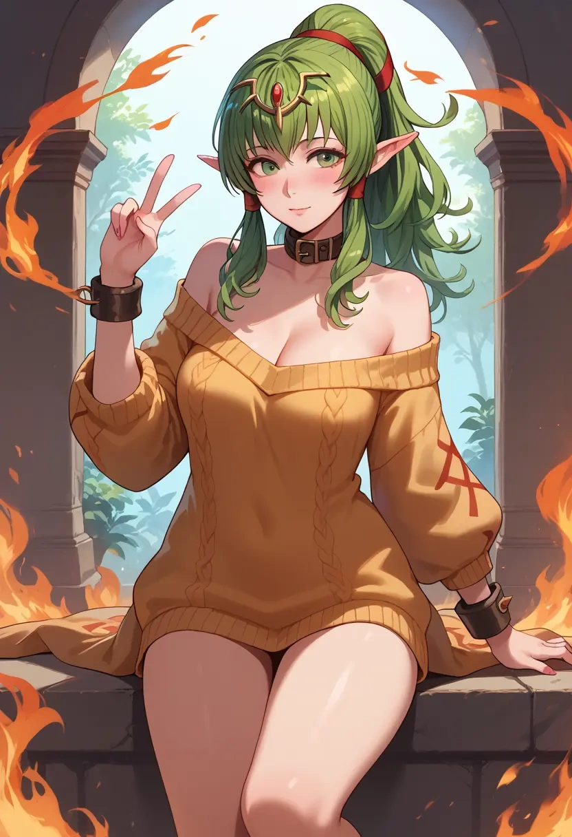 fire_emblem,tiki_(fire_emblem),blushing,collar,peace sign,off-shoulder,sweater  - 