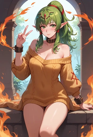 fire_emblem,tiki_(fire_emblem),blushing,collar,peace sign,off-shoulder,sweater  - AI generated anime art