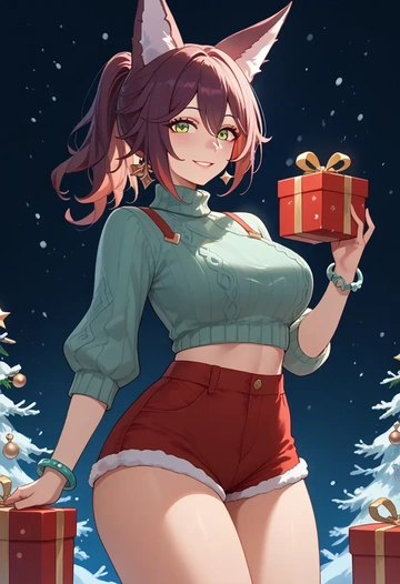 star rail,tingyun,Christmas,red velvet shorts,turtleneck sweater  - AI generated anime art