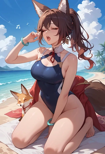 star rail,tingyun,retro style swimsuit,frilled neckline,bow detail  - AI generated anime art