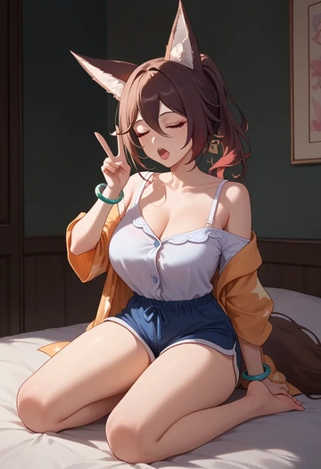 star rail,tingyun,pajamas, low-waisted shorts  - AI generated anime art