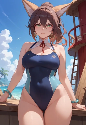 star rail,tingyun,racerback swimsuit,striped trim,name tag patch  - AI generated anime art