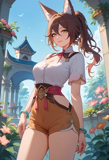 star rail,tingyun,jogger shorts,oversized tank  - AI generated anime art