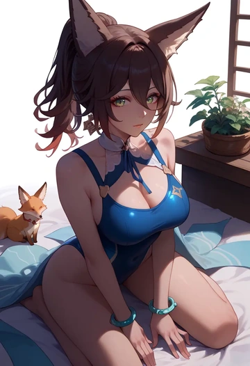 star rail,tingyun,racerback swimsuit,striped trim,name tag patch  - AI generated anime art