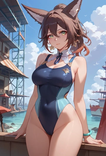 star rail,tingyun,racerback swimsuit,striped trim,name tag patch  - AI generated anime art