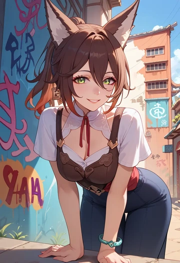 star rail,tingyun,patchwork graffiti top,dolphin shorts  - AI generated anime art