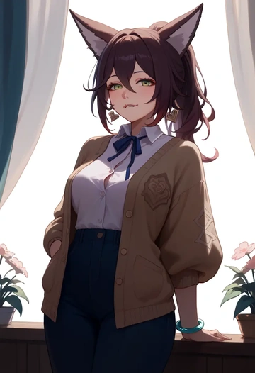 star rail,tingyun,cardigan,oversized,wide-leg pants  - AI generated anime art