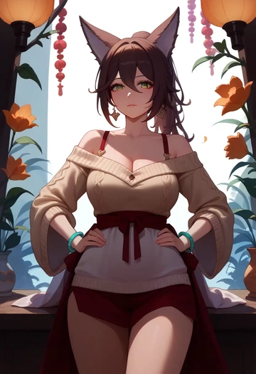 star rail,tingyun,Hands on hips,off-shoulder,sweater  - AI generated anime art