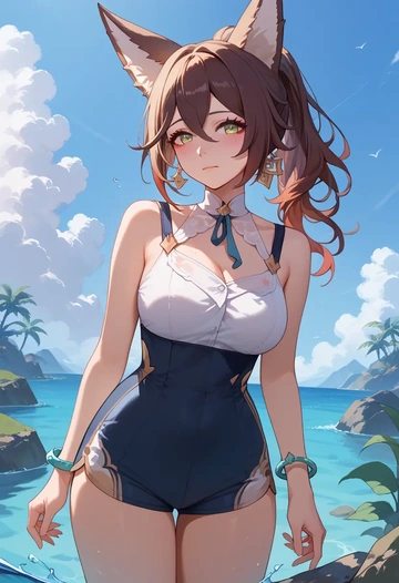 star rail,tingyun,sleeveless swim top,shorts-style bottom,contrast stitching  - AI generated anime art